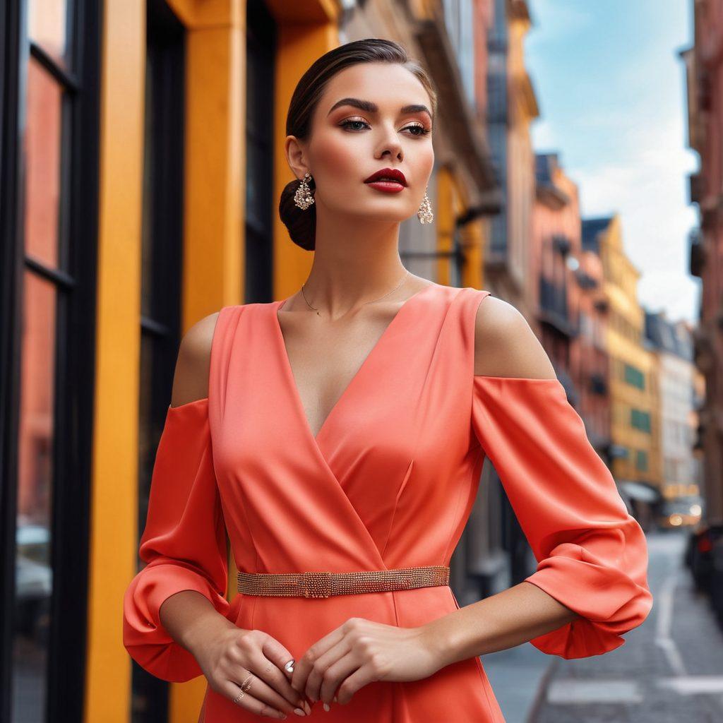 A stylish woman standing in front of a chic urban backdrop, wearing the latest fashion trends—think elegant dresses, trendy accessories, and flawless makeup. Surround her with makeup brushes, beauty products, and fashionable items. Include a soft glow to emphasize her stunning look. vibrant colors. super-realistic.